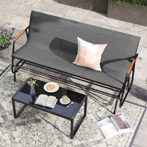Patio Glider Bench with Curved Teak Armrests and Breathable Fabric Seat for 3 People-Grey
