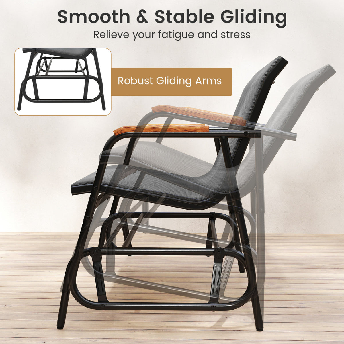 Patio Glider Bench with Curved Teak Armrests and Breathable Fabric Seat for 3 People-Grey