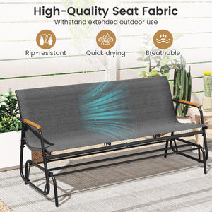 Patio Glider Bench with Curved Teak Armrests and Breathable Fabric Seat for 3 People-Grey