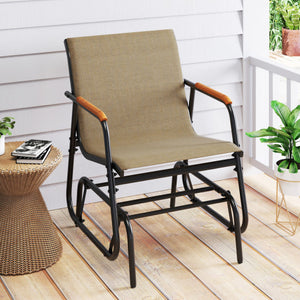 Patio Glider Chair Set of 2 with Curved Teak Armrests and Breathable Fabric Seat-Brown