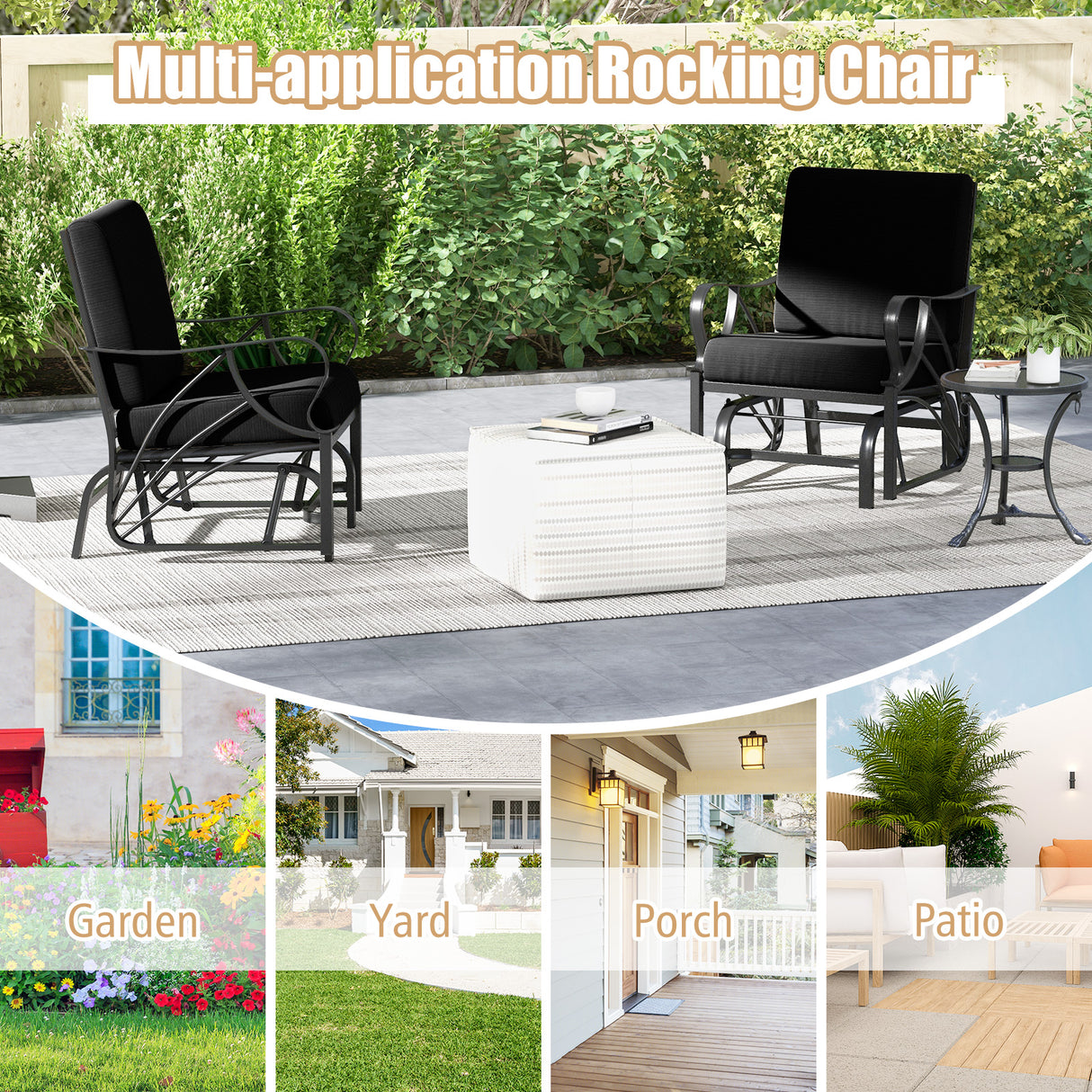 Patio Glider Rocking Chair with Thick Cushion and Curved Armrest-Black