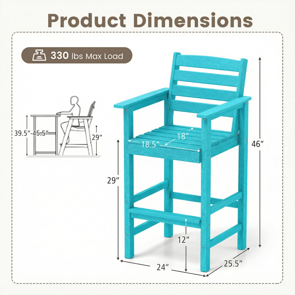 Patio HDPE Adirondack Bar Chairs Set of 2 with Wide Armrests-Turquoise