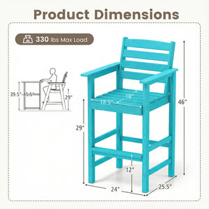 Patio HDPE Adirondack Bar Chairs Set of 2 with Wide Armrests-Turquoise