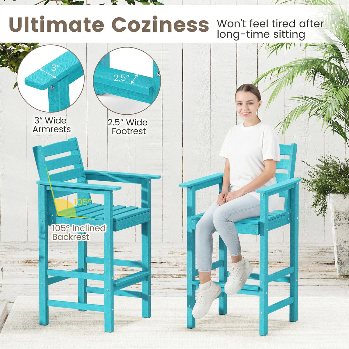 Patio HDPE Adirondack Bar Chairs Set of 2 with Wide Armrests-Turquoise