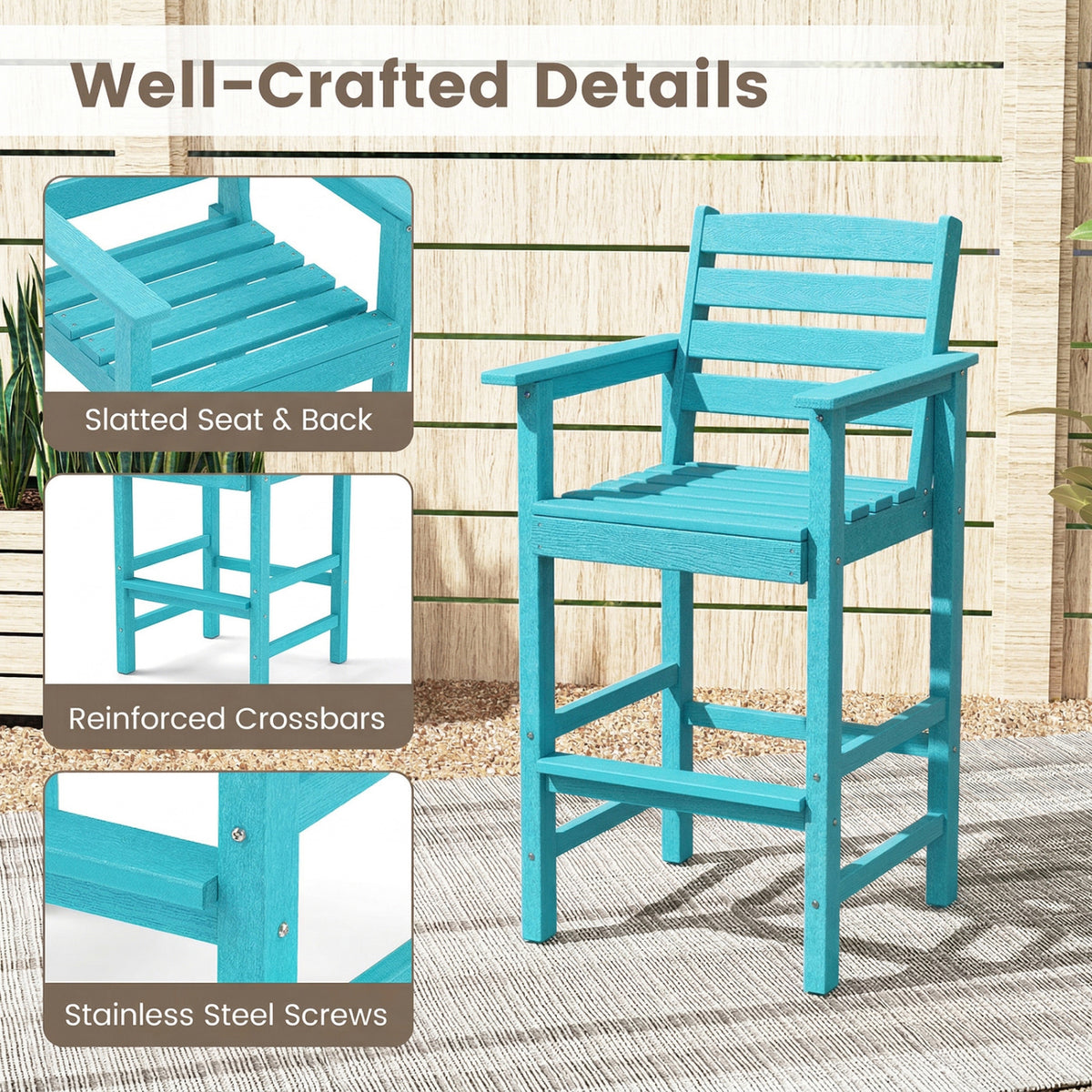 Patio HDPE Adirondack Bar Chairs Set of 2 with Wide Armrests-Turquoise