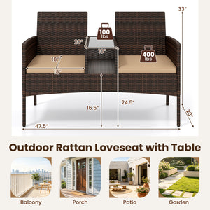 Patio Loveseat Wicker 2-Seat Conversation Set with Built-in Coffee Table-Brown