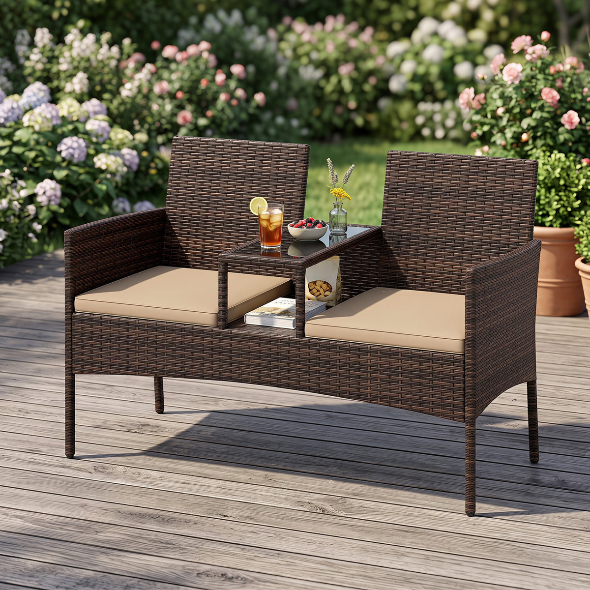 Patio Loveseat Wicker 2-Seat Conversation Set with Built-in Coffee Table-Brown