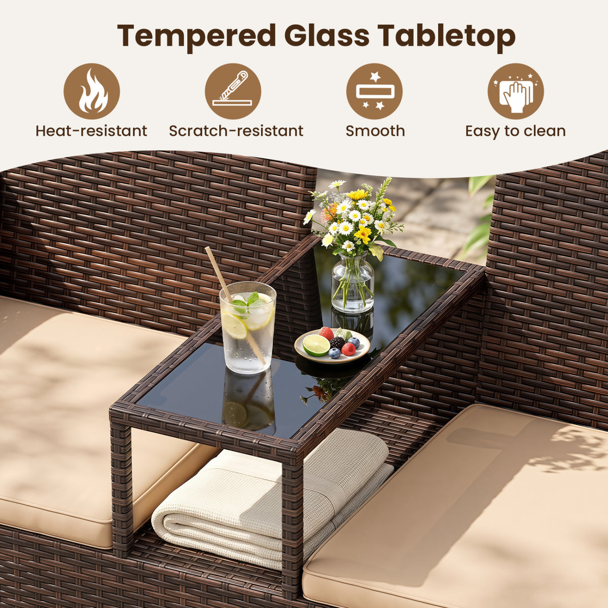 Patio Loveseat Wicker 2-Seat Conversation Set with Built-in Coffee Table-Brown