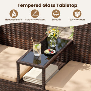 Patio Loveseat Wicker 2-Seat Conversation Set with Built-in Coffee Table-Brown