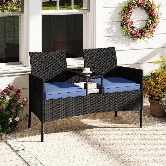 Patio Loveseat with Built-in Table for Backyard Porch-Navy