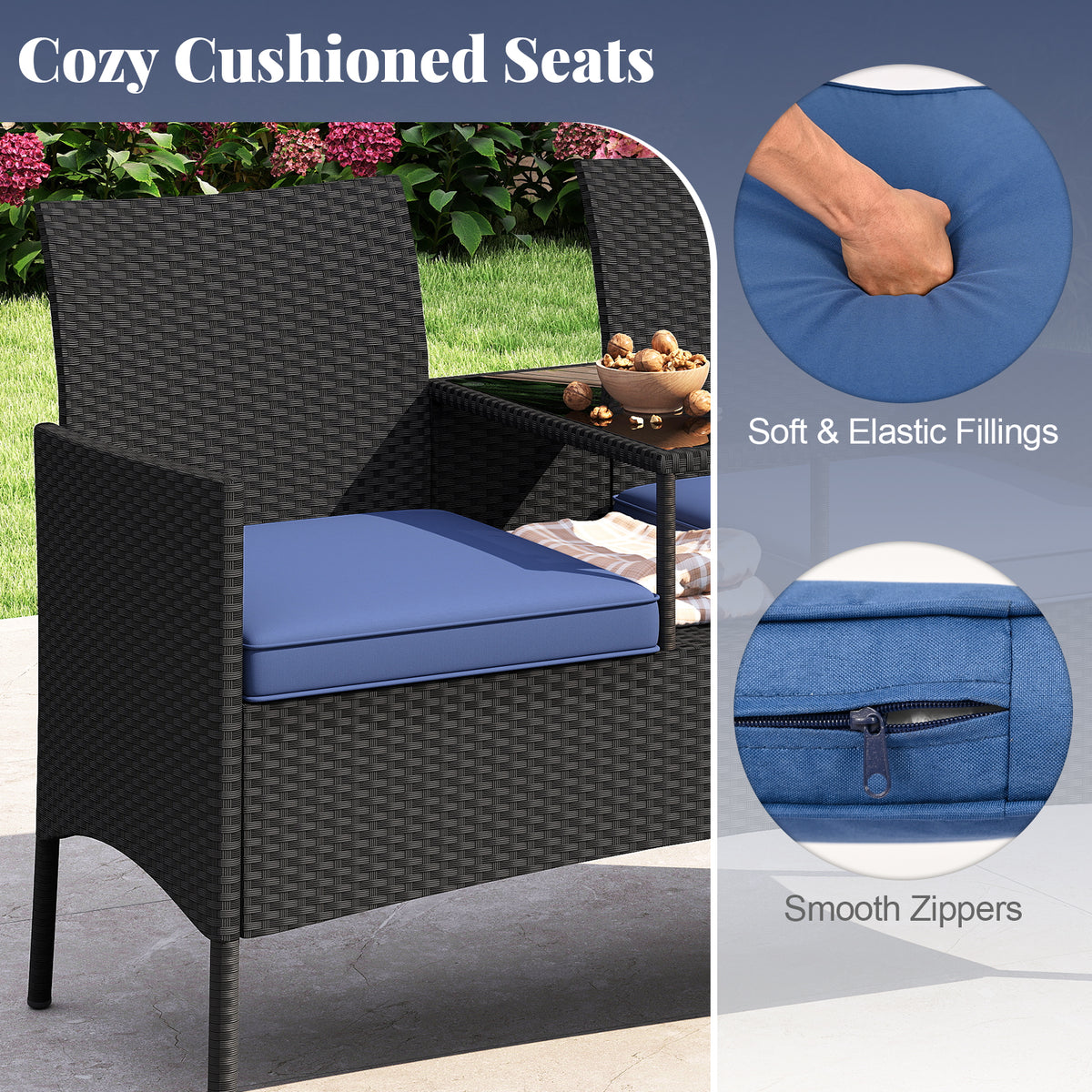Patio Loveseat with Built-in Table for Backyard Porch-Navy
