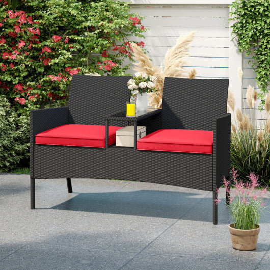 Patio Loveseat with Built-in Table for Backyard Porch-Red