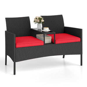 Patio Loveseat with Built-in Table for Backyard Porch-Red