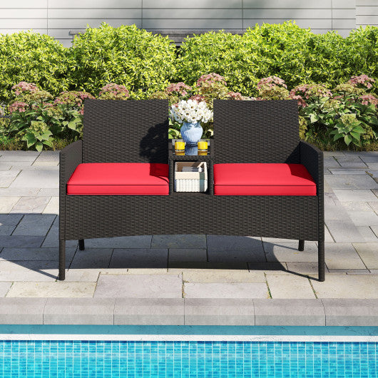 Patio Loveseat with Built-in Table for Backyard Porch-Red