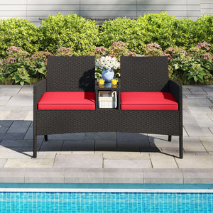 Patio Loveseat with Built-in Table for Backyard Porch-Red