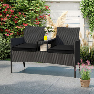 Patio Loveseat with Built-in Table for Backyard Porch-Black