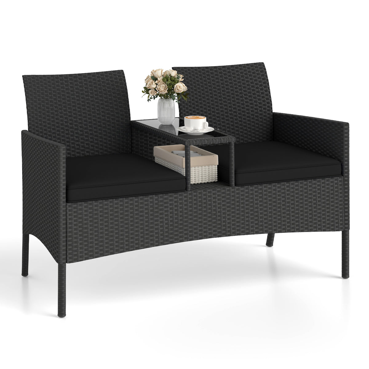 Patio Loveseat with Built-in Table for Backyard Porch-Black