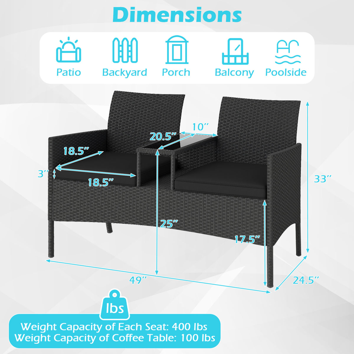 Patio Loveseat with Built-in Table for Backyard Porch-Black