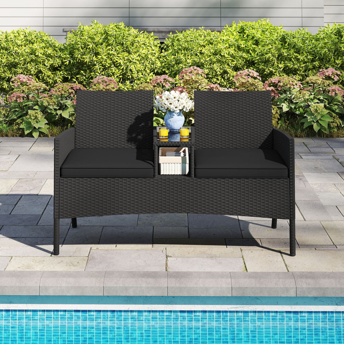 Patio Loveseat with Built-in Table for Backyard Porch-Black