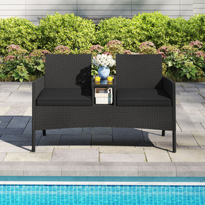 Patio Loveseat with Built-in Table for Backyard Porch-Black