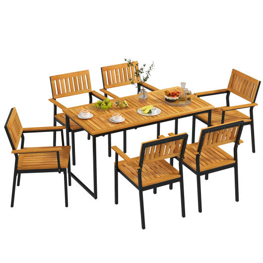 Patio Outdoor Dining Chair Set of 2 with Metal and Acacia Wood Frame