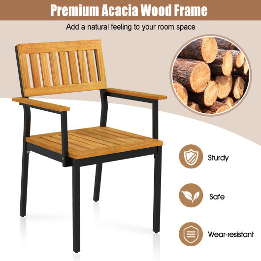 Patio Outdoor Dining Chair Set of 2 with Metal and Acacia Wood Frame