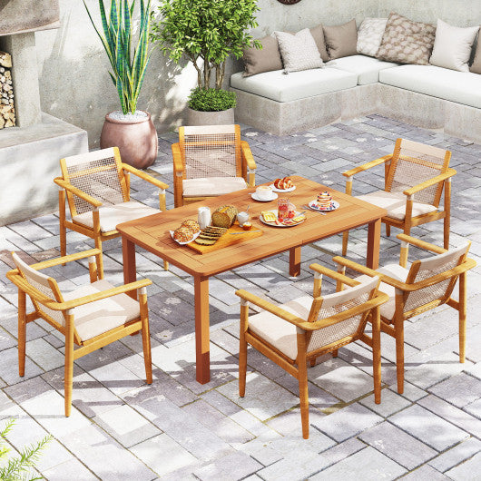 Patio Outdoor Solid Wood Dining Table with Umbrella Hole for 6