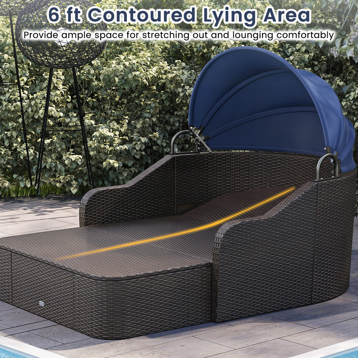Patio PE Rattan Daybed with Retractable Canopy and Soft Cushions-Navy