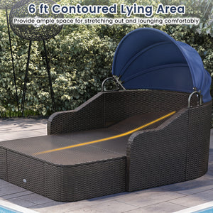 Patio PE Rattan Daybed with Retractable Canopy and Soft Cushions-Navy