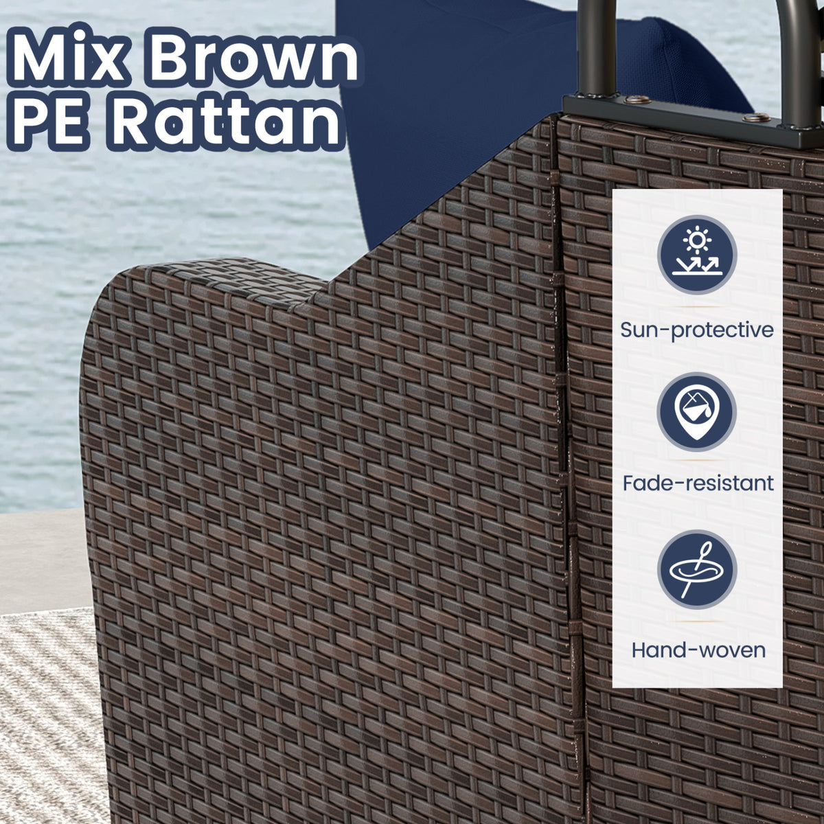 Patio PE Rattan Daybed with Retractable Canopy and Soft Cushions-Navy