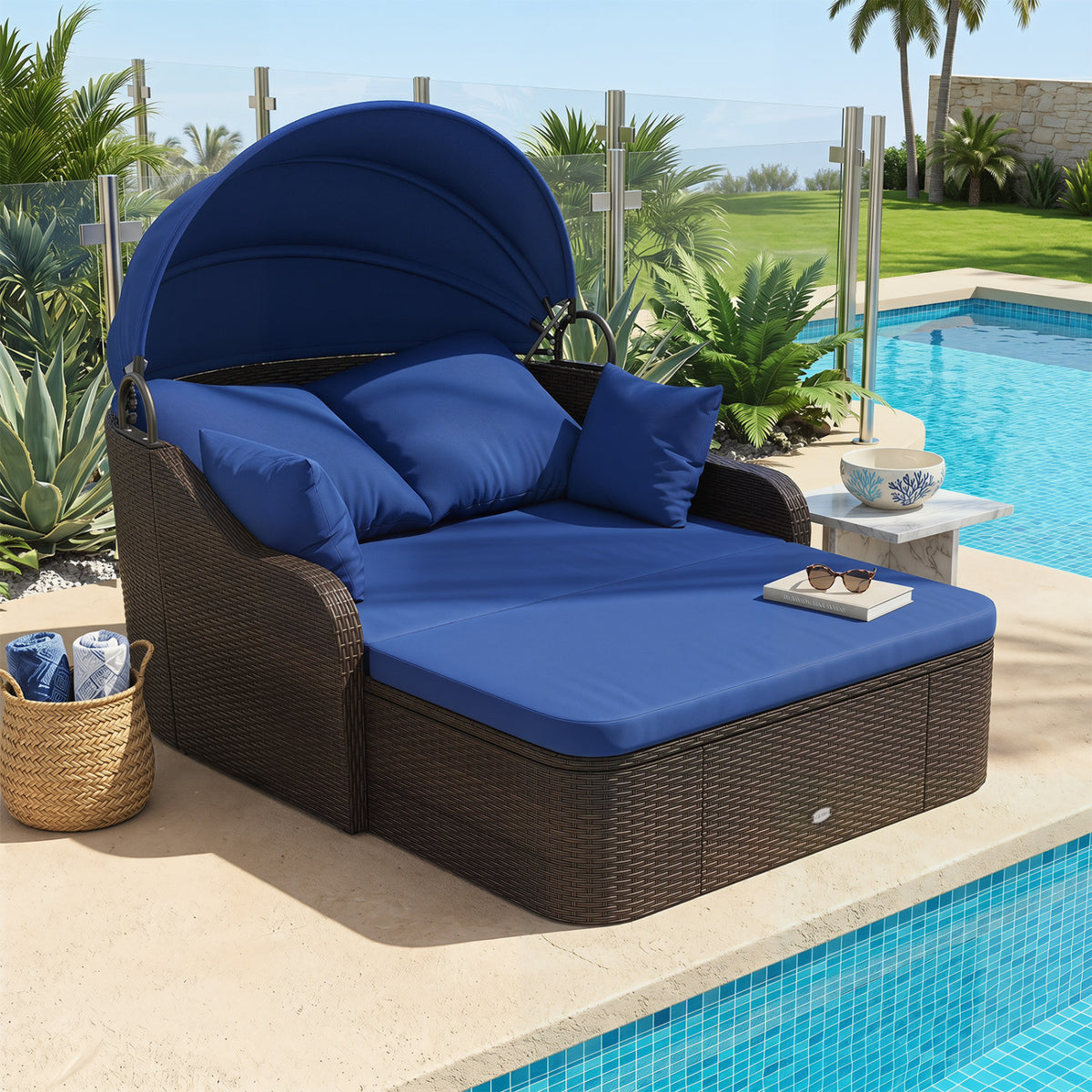 Patio PE Rattan Daybed with Retractable Canopy and Soft Cushions-Navy