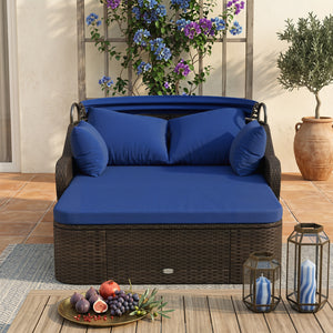Patio PE Rattan Daybed with Retractable Canopy and Soft Cushions-Navy