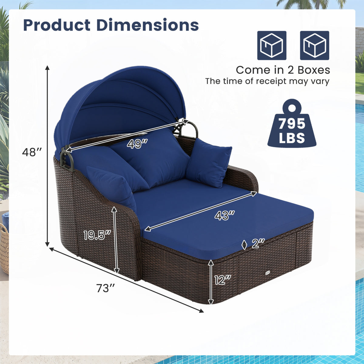 Patio PE Rattan Daybed with Retractable Canopy and Soft Cushions-Navy