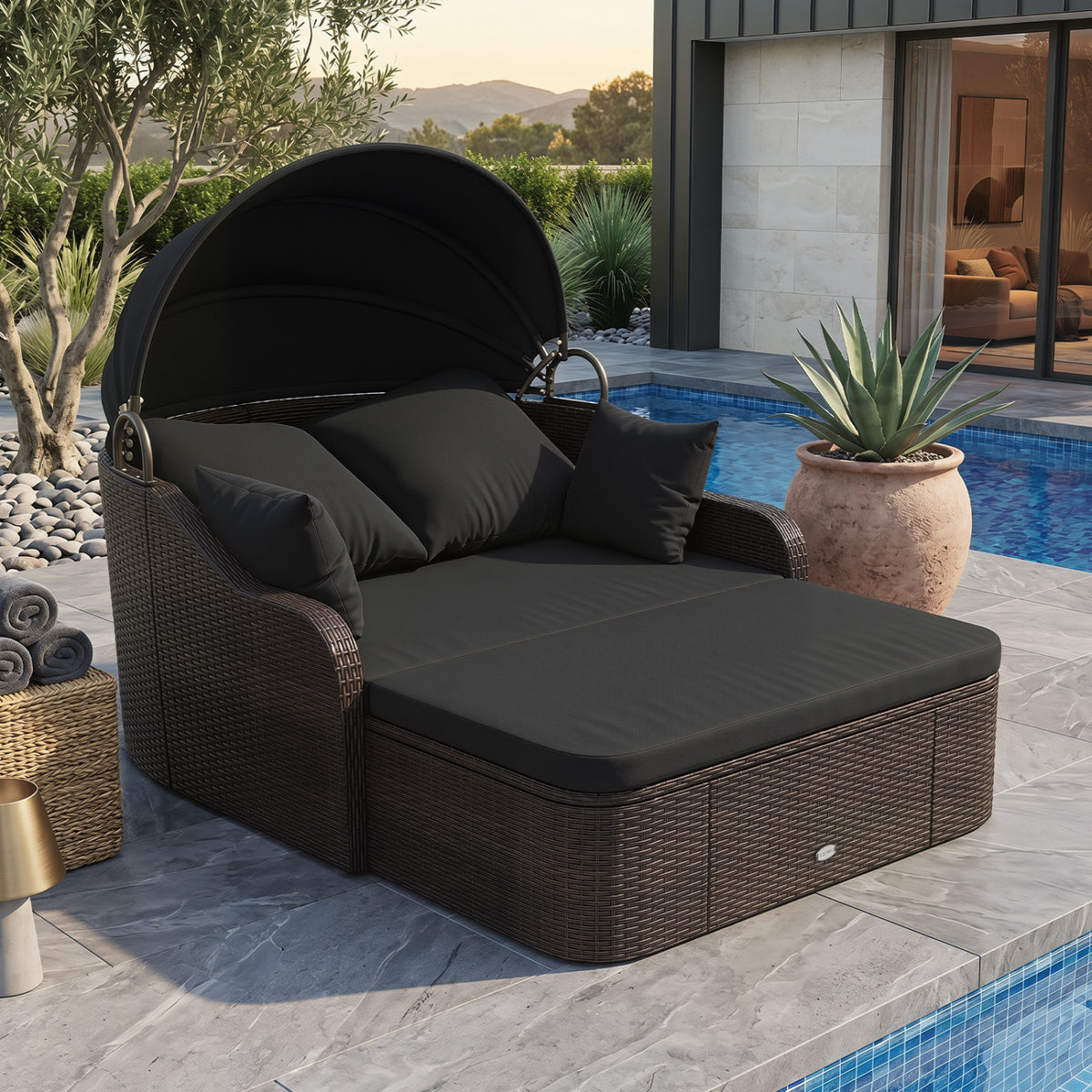 Patio PE Rattan Daybed with Retractable Canopy and Soft Cushions-Black