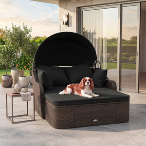 Patio PE Rattan Daybed with Retractable Canopy and Soft Cushions-Black