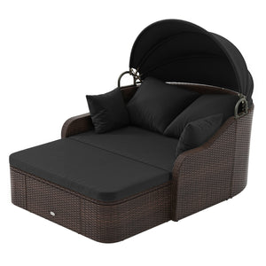 Patio PE Rattan Daybed with Retractable Canopy and Soft Cushions-Black