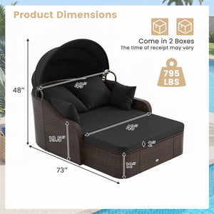 Patio PE Rattan Daybed with Retractable Canopy and Soft Cushions-Black