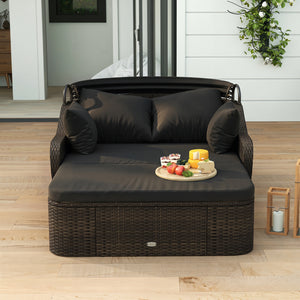 Patio PE Rattan Daybed with Retractable Canopy and Soft Cushions-Black