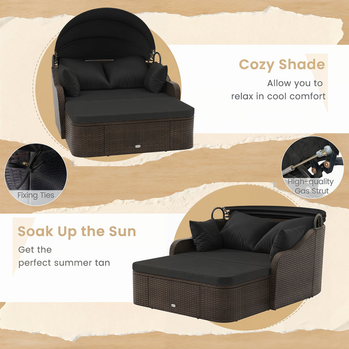 Patio PE Rattan Daybed with Retractable Canopy and Soft Cushions-Black