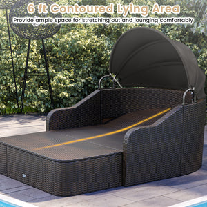 Patio PE Rattan Daybed with Retractable Canopy and Soft Cushions-Black