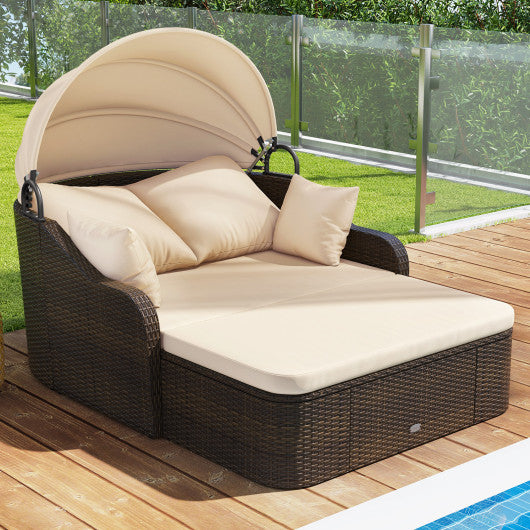 Patio PE Rattan Daybed with Retractable Canopy and Soft Cushions-Beige