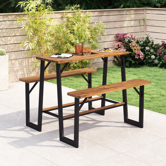 Patio Picnic Table Bench Set with Acacia Wood Tabletop and Benchtop