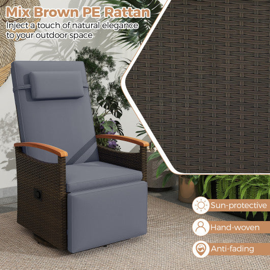 Patio Rattan 360° Swivel Recliner Chair with Adjustable Backrest and Footrest-Gray
