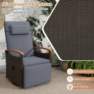 Patio Rattan 360° Swivel Recliner Chair with Adjustable Backrest and Footrest-Gray
