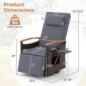 Patio Rattan 360° Swivel Recliner Chair with Adjustable Backrest and Footrest-Gray