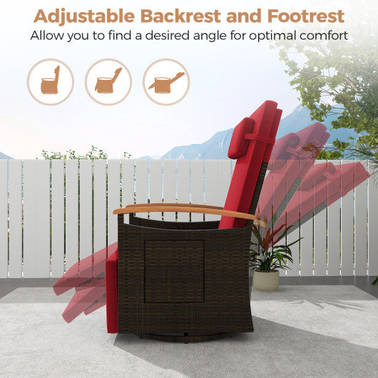Patio Rattan 360° Swivel Recliner Chair with Adjustable Backrest and Footrest-Red