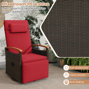 Patio Rattan 360° Swivel Recliner Chair with Adjustable Backrest and Footrest-Red