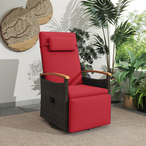 Patio Rattan 360° Swivel Recliner Chair with Adjustable Backrest and Footrest-Red