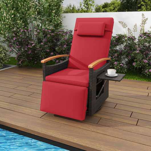 Patio Rattan 360° Swivel Recliner Chair with Adjustable Backrest and Footrest-Red