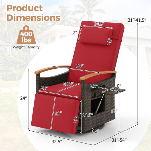 Patio Rattan 360° Swivel Recliner Chair with Adjustable Backrest and Footrest-Red